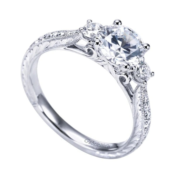 Vintage 14K White Gold Round Three Stone Diamond Engagement Ring