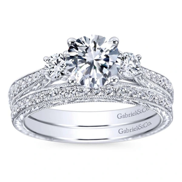 Vintage 14K White Gold Round Three Stone Diamond Engagement Ring