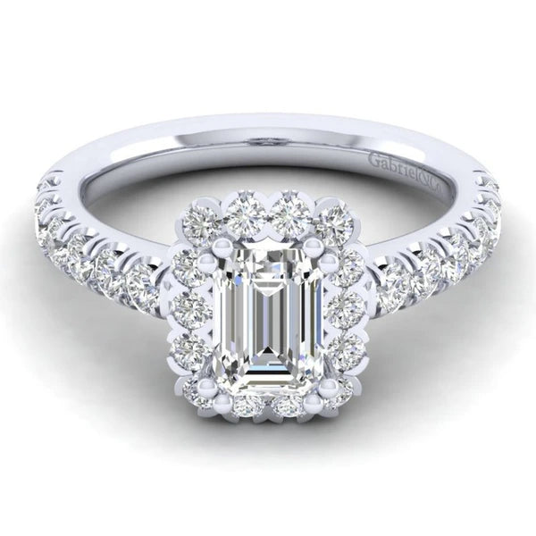 14K White Gold Emerald Halo Diamond Engagement Ring