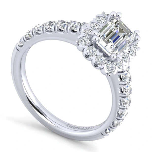 14K White Gold Emerald Halo Diamond Engagement Ring