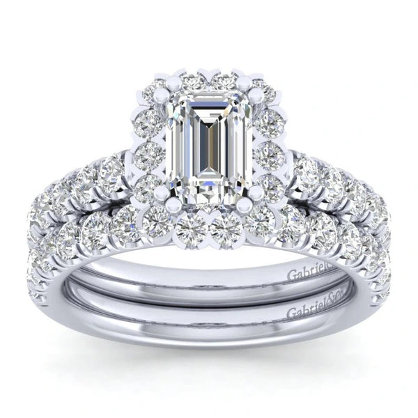 14K White Gold Emerald Halo Diamond Engagement Ring