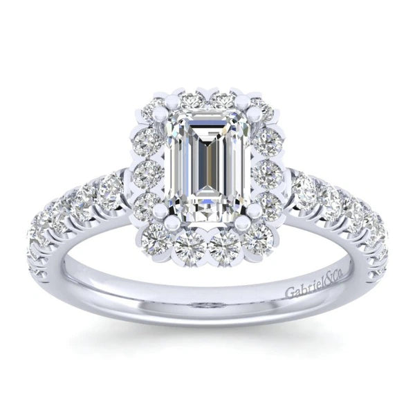 14K White Gold Emerald Halo Diamond Engagement Ring