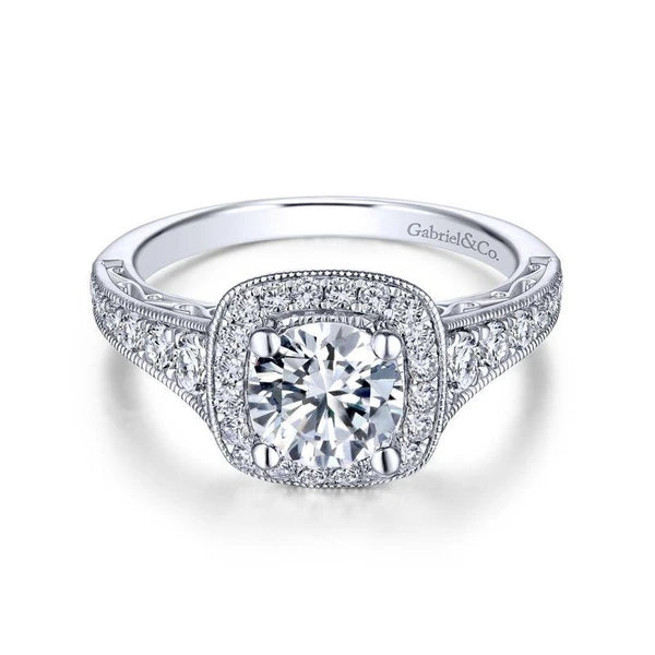 Vintage 14K White Gold Cushion Halo Round Diamond Engagement Ring