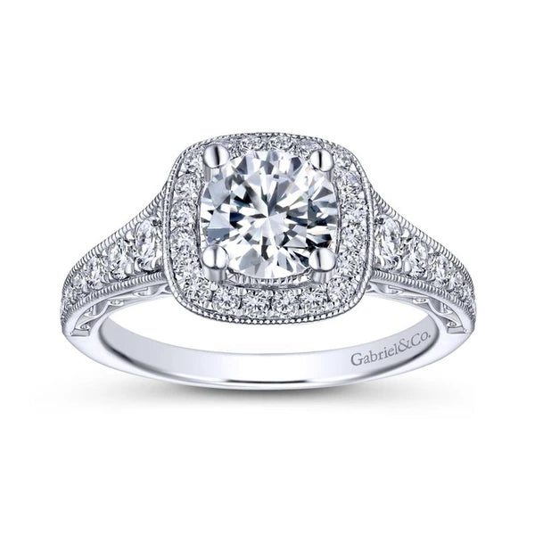 Vintage 14K White Gold Cushion Halo Round Diamond Engagement Ring