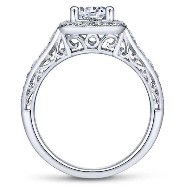 Vintage 14K White Gold Cushion Halo Round Diamond Engagement Ring