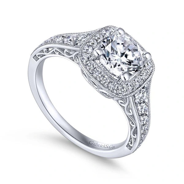 Vintage 14K White Gold Cushion Halo Round Diamond Engagement Ring