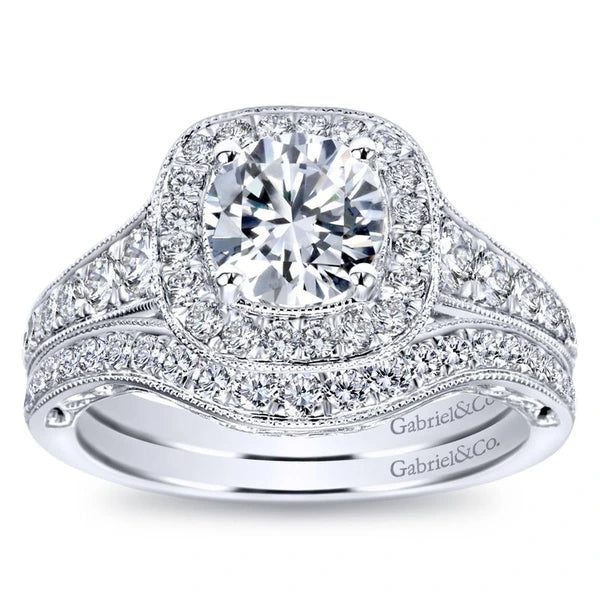 Vintage 14K White Gold Cushion Halo Round Diamond Engagement Ring