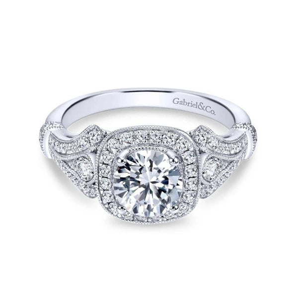Vintage Inspired 14K White Gold Cushion Halo Round Diamond Engagement Ring