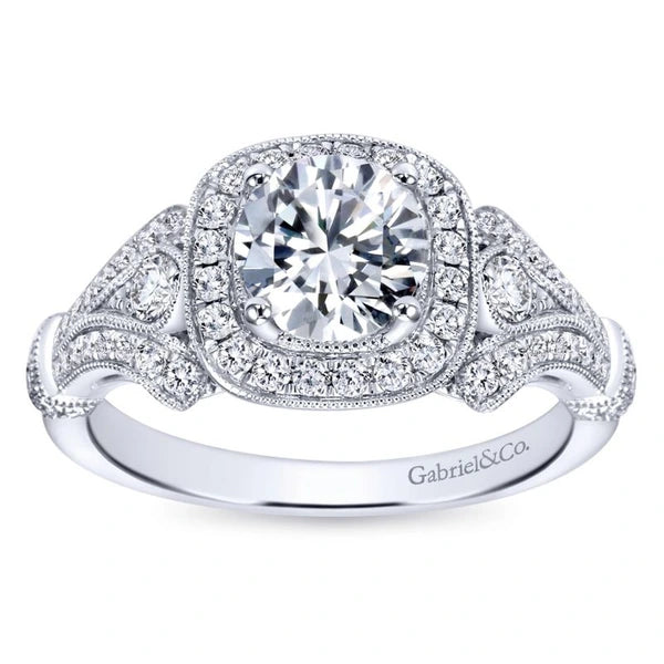 Vintage Inspired 14K White Gold Cushion Halo Round Diamond Engagement Ring