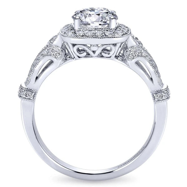 Vintage Inspired 14K White Gold Cushion Halo Round Diamond Engagement Ring