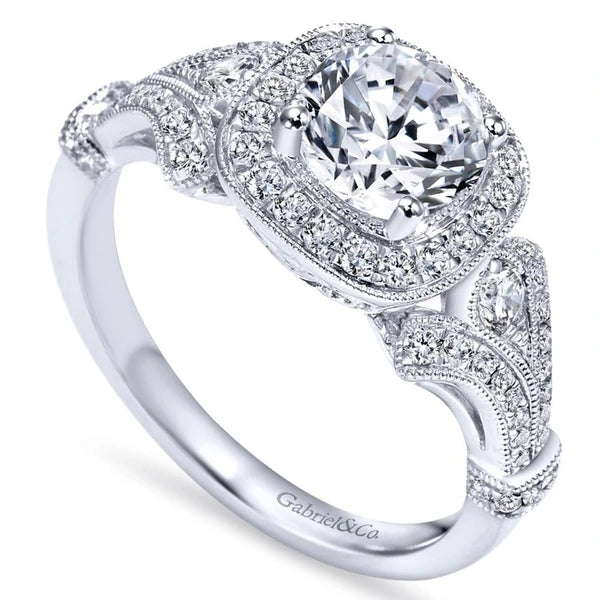 Vintage Inspired 14K White Gold Cushion Halo Round Diamond Engagement Ring