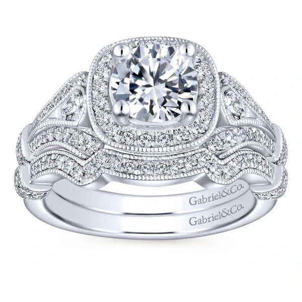 Vintage Inspired 14K White Gold Cushion Halo Round Diamond Engagement Ring