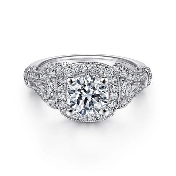 Vintage Inspired 14K White Gold Cushion Halo Round Diamond Engagement Ring