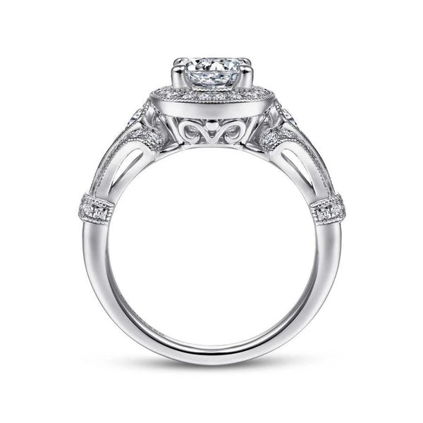 Vintage Inspired 14K White Gold Cushion Halo Round Diamond Engagement Ring