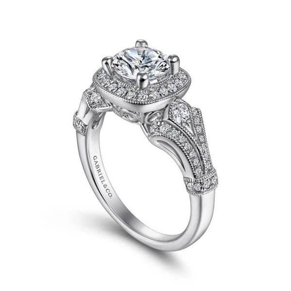 Vintage Inspired 14K White Gold Cushion Halo Round Diamond Engagement Ring
