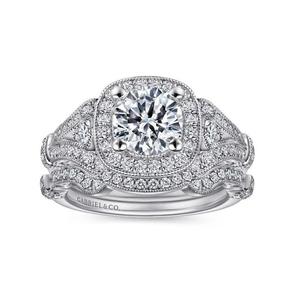 Vintage Inspired 14K White Gold Cushion Halo Round Diamond Engagement Ring
