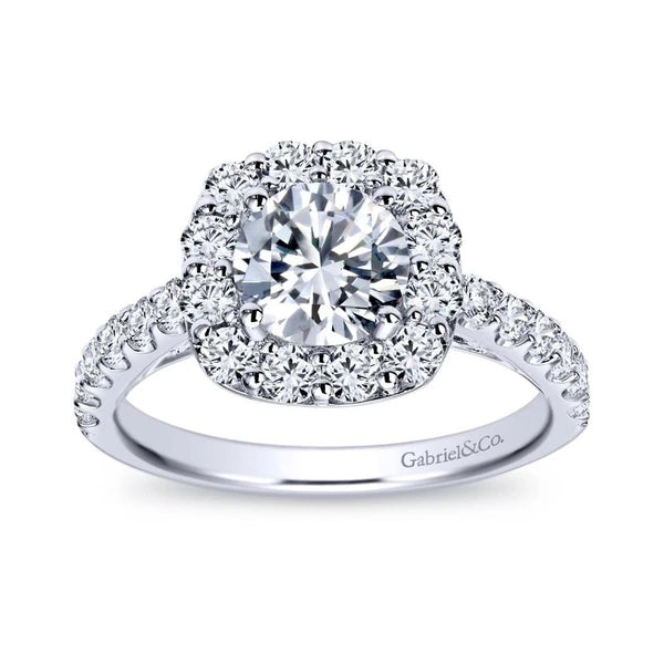 14K White Gold Cushion Halo Round Diamond Engagement Ring