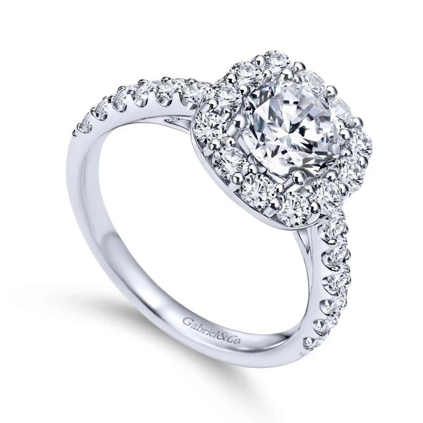 14K White Gold Cushion Halo Round Diamond Engagement Ring