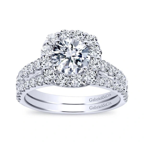 14K White Gold Cushion Halo Round Diamond Engagement Ring