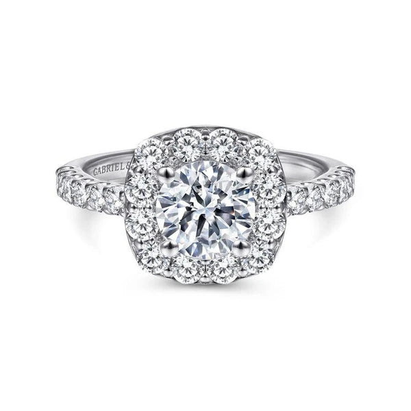 14K White Gold Cushion Halo Round Diamond Engagement Ring