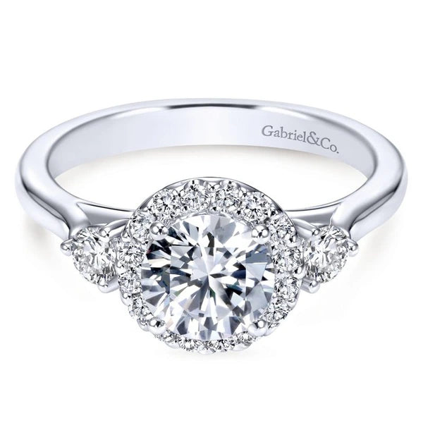 14K White Gold Round Three Stone Halo Diamond Engagement Ring