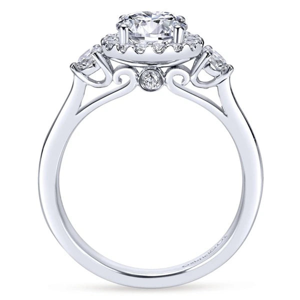14K White Gold Round Three Stone Halo Diamond Engagement Ring