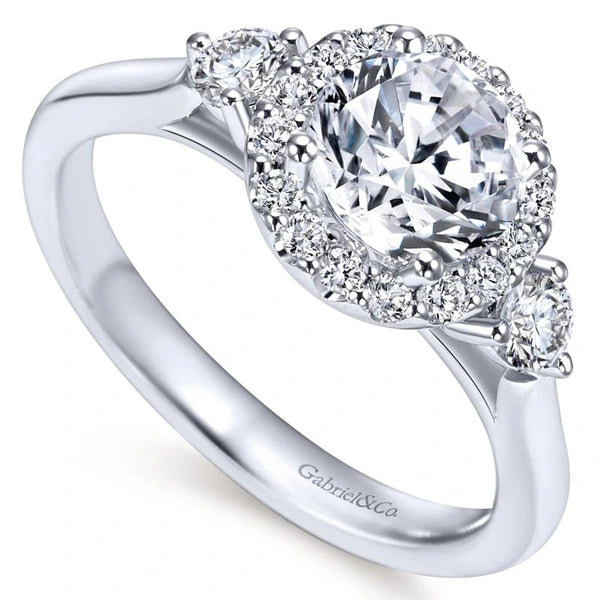 14K White Gold Round Three Stone Halo Diamond Engagement Ring