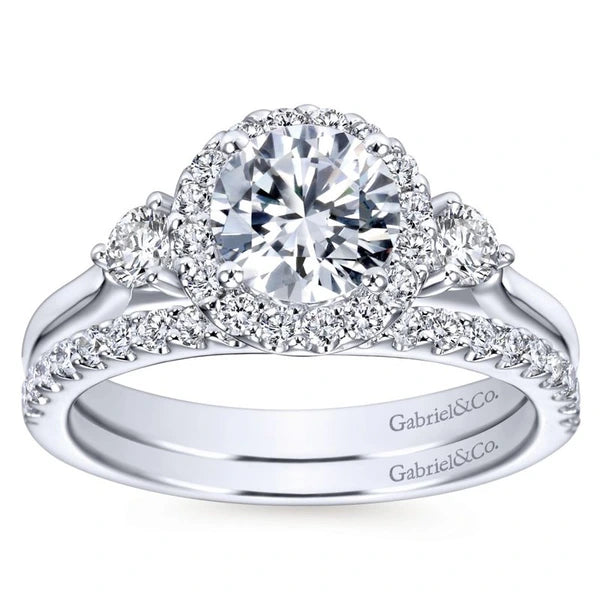 14K White Gold Round Three Stone Halo Diamond Engagement Ring