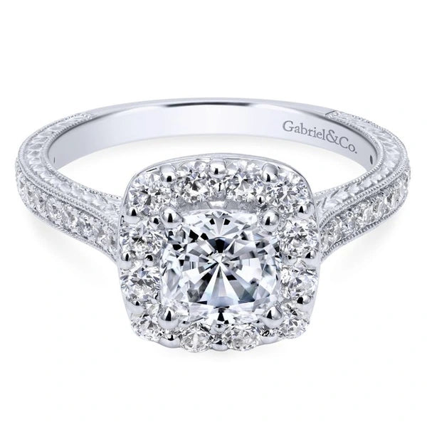 Vintage Inspired 14K White Gold Cushion Halo Diamond Engagement Ring