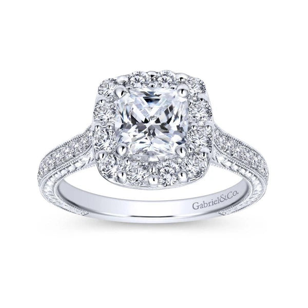 Vintage Inspired 14K White Gold Cushion Halo Diamond Engagement Ring