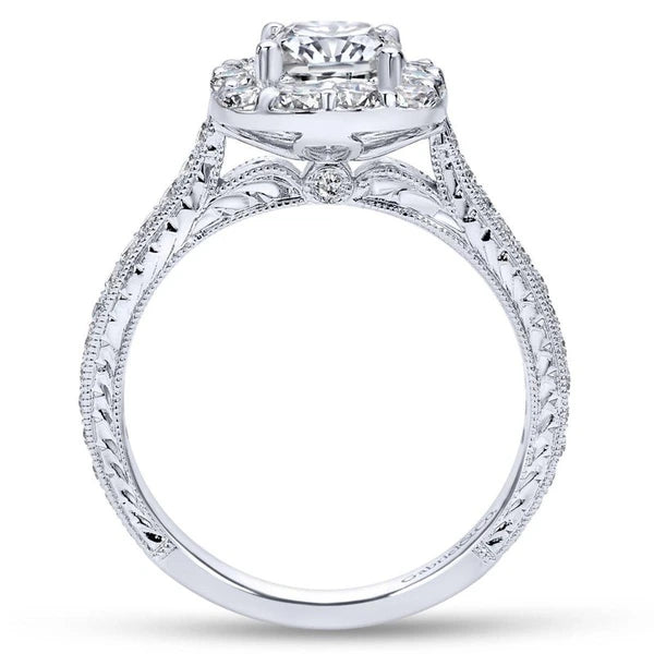 Vintage Inspired 14K White Gold Cushion Halo Diamond Engagement Ring