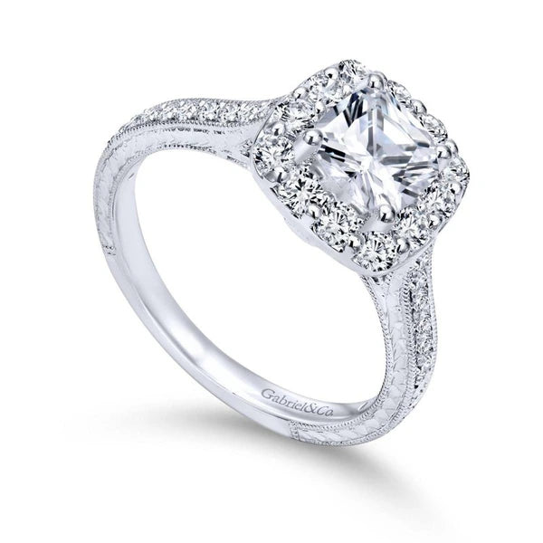 Vintage Inspired 14K White Gold Cushion Halo Diamond Engagement Ring