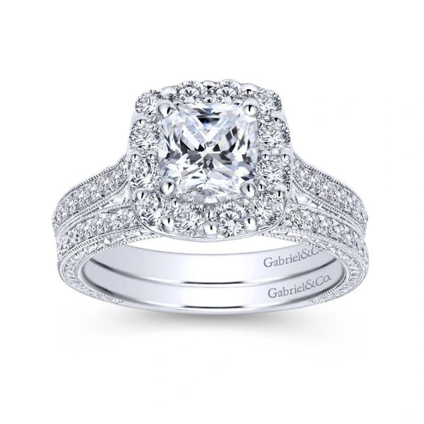 Vintage Inspired 14K White Gold Cushion Halo Diamond Engagement Ring