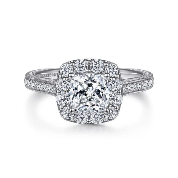 Vintage Inspired 14K White Gold Cushion Halo Diamond Engagement Ring