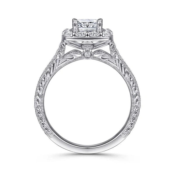 Vintage Inspired 14K White Gold Cushion Halo Diamond Engagement Ring