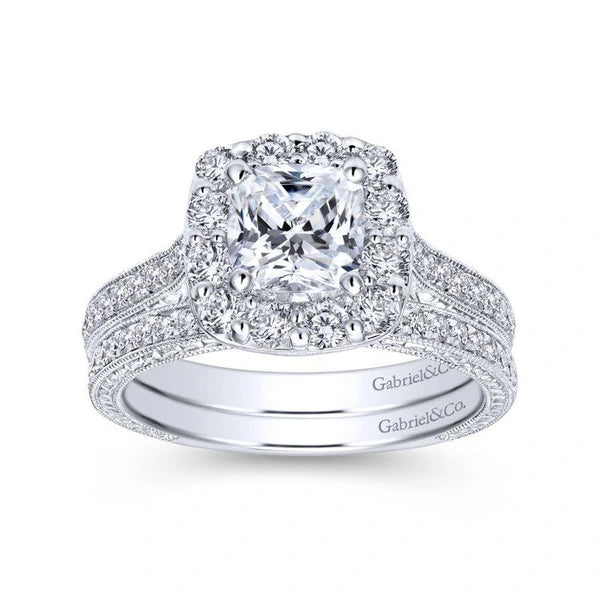 Vintage Inspired 14K White Gold Cushion Halo Diamond Engagement Ring