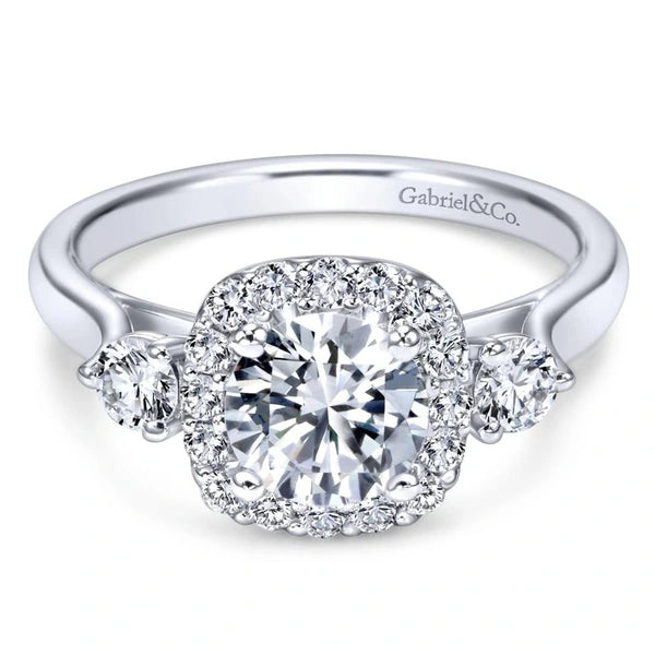 14K White Gold Round Three Stone Halo Diamond Engagement Ring