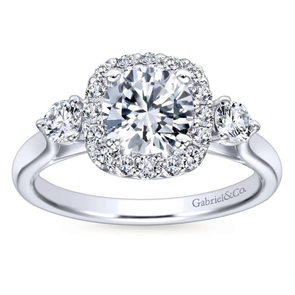 14K White Gold Round Three Stone Halo Diamond Engagement Ring