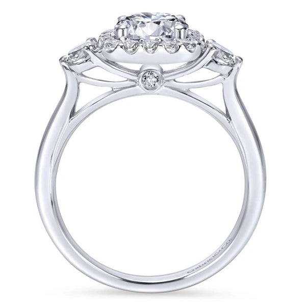 14K White Gold Round Three Stone Halo Diamond Engagement Ring