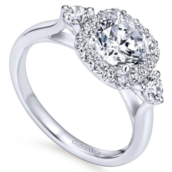 14K White Gold Round Three Stone Halo Diamond Engagement Ring