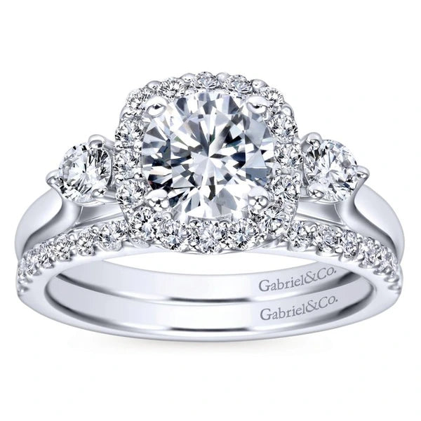 14K White Gold Round Three Stone Halo Diamond Engagement Ring