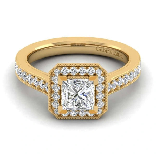Vintage 14K Yellow Gold Princess Halo Diamond Engagement Ring