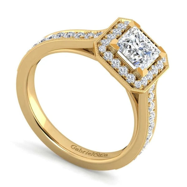 Vintage 14K Yellow Gold Princess Halo Diamond Engagement Ring