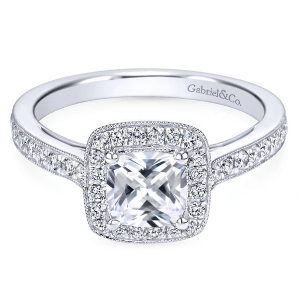 Vintage Inspired 14K White Gold Cushion Halo Diamond Engagement Ring