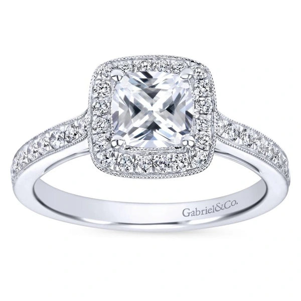 Vintage Inspired 14K White Gold Cushion Halo Diamond Engagement Ring