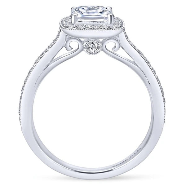 Vintage Inspired 14K White Gold Cushion Halo Diamond Engagement Ring