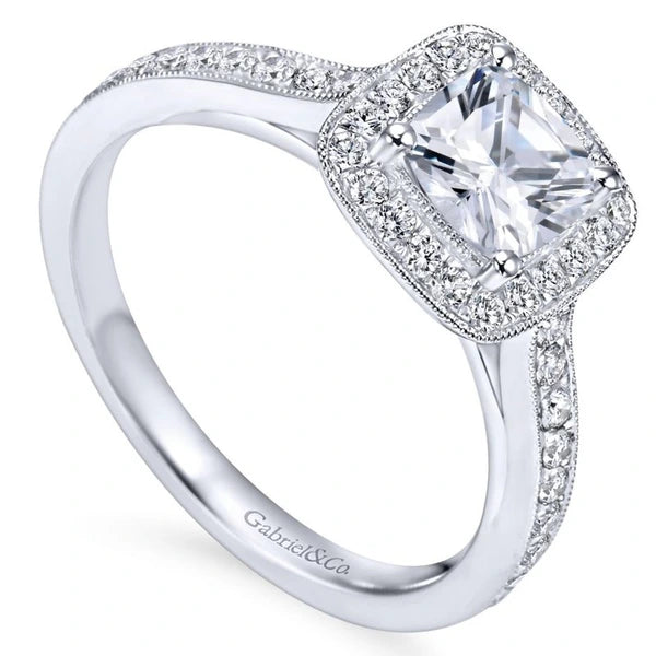 Vintage Inspired 14K White Gold Cushion Halo Diamond Engagement Ring
