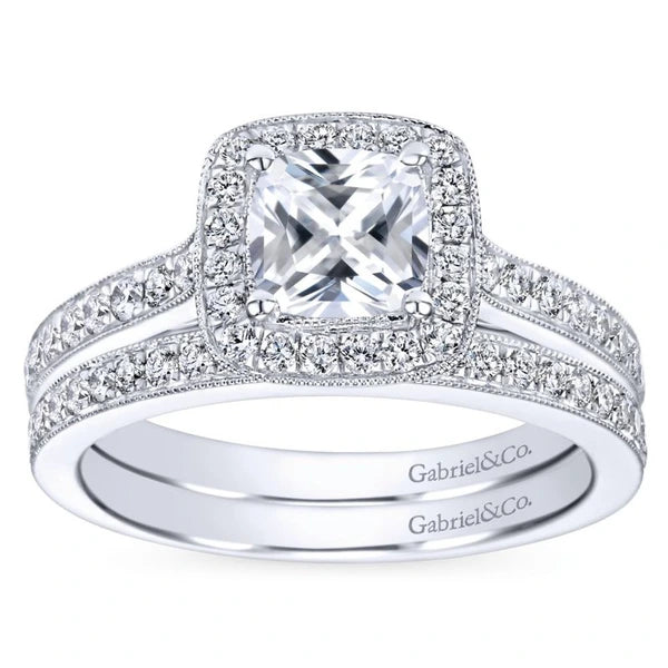 Vintage Inspired 14K White Gold Cushion Halo Diamond Engagement Ring