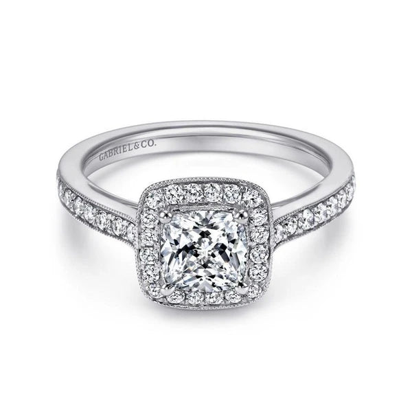 Vintage Inspired 14K White Gold Cushion Halo Diamond Engagement Ring