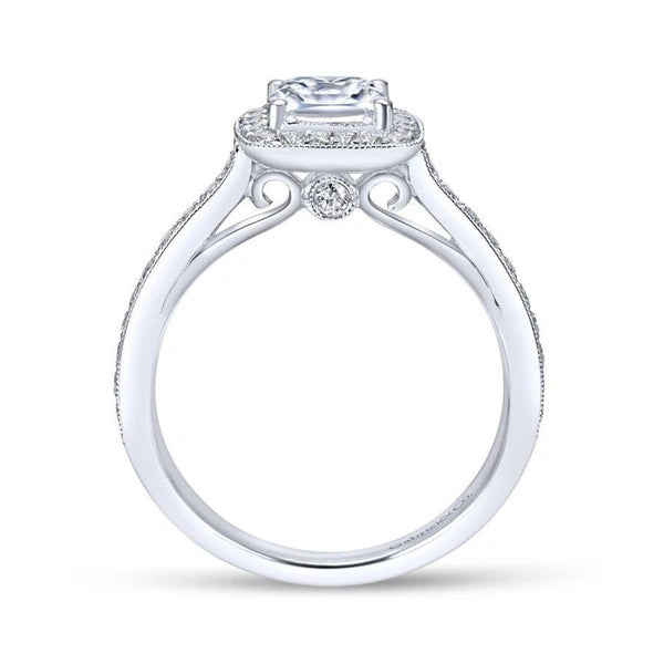 Vintage Inspired 14K White Gold Cushion Halo Diamond Engagement Ring